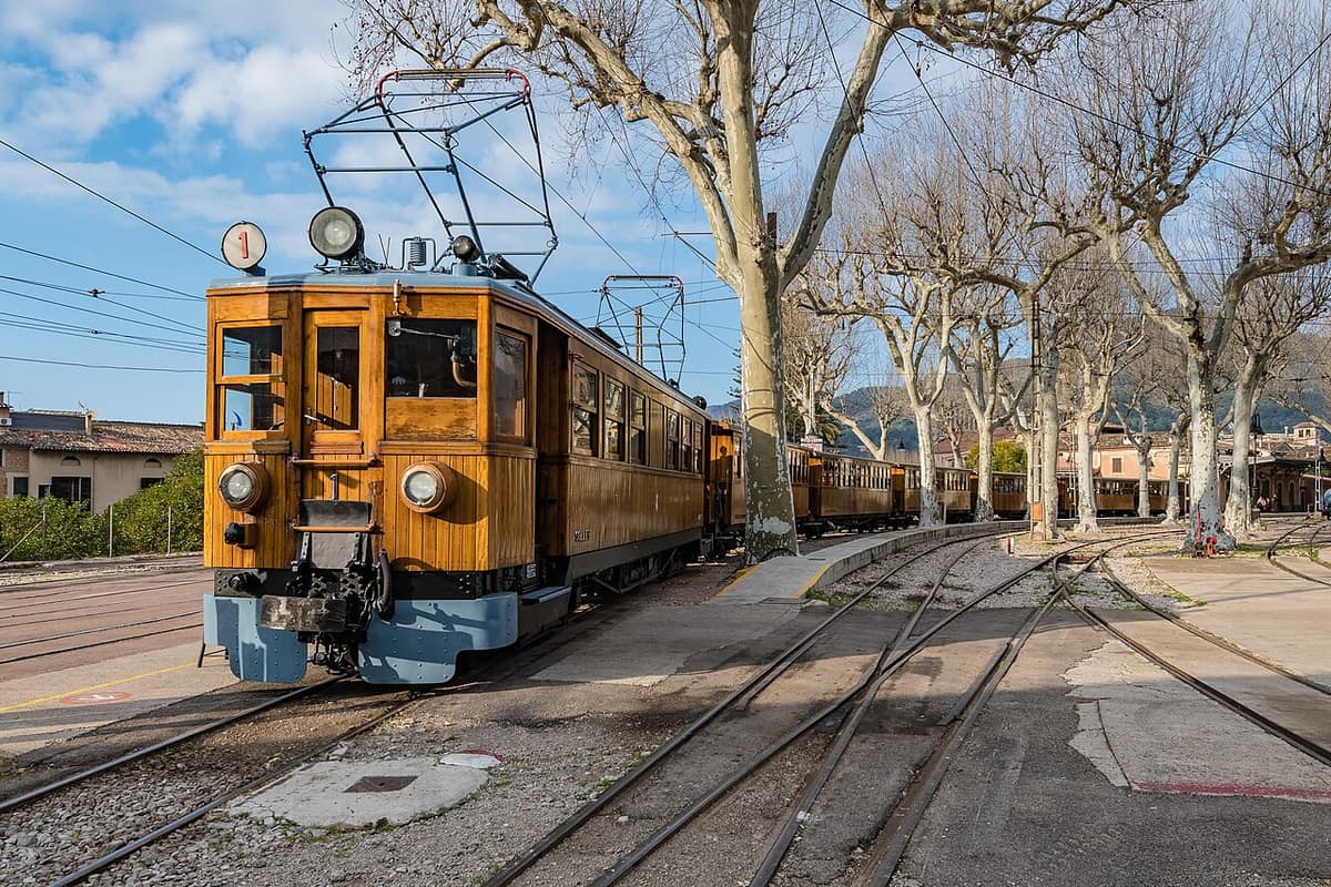 The 1912 wooden train of the Ferrocarril de Soller at Soller station, Mallorca